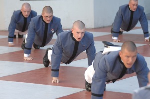 Bravo '11 knobs do their push ups with the cadre after receiving their company letter.