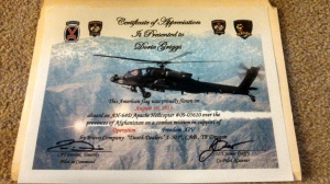 This certificate accompanied a flag flown in Afghanistan.